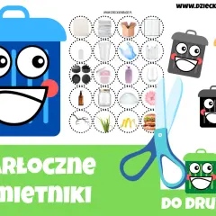 Uśmiechnięte kosze na śmieci i przedmioty do segregacji, nożyczki, tekst "DO DRUKU!".