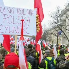 Rolnicy protestują przeciwko zielonemu ładowi, domagając się polskiego rolnika i polskiej żywności. Transparent z cebulami i flagi Polski.