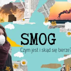 Kobieta w masce ochronnej na tle dymiących kominów fabrycznych i samolotu.