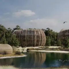 Architektoniczne budynki przypominające jaja, otoczone lasem, nad jeziorem, gdzie latają ptaki. To idealne miejsce, by poczuć się jak w rezerwacie przyrody ptasi raj.
