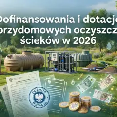 Jak uzyskać dofinansowanie do przydomowej oczyszczalni ścieków w 2026? Obraz przedstawia elementy oczyszczalni, dokumenty i pieniądze.