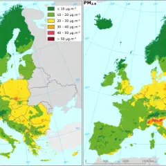 Mapy Europy pokazujące, gdzie występuje smog PM10 i PM2.5. Najwyższe stężenia w Polsce i na Bałkanach.