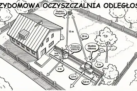 Ilustracja przedstawia dom z przydomową oczyszczalnią ścieków, studniami i odległościami.