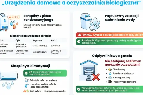 Jak działa przydomowa oczyszczalnia ścieków? Informacje o skroplinach z pieca, klimatyzacji, popłuczynach ze stacji uzdatniania wody i odpływie z garażu.