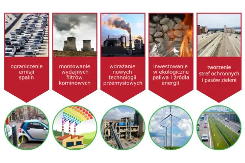 Ograniczanie emisji spalin, montaż filtrów, wdrażanie nowych technologii, ekologiczne paliwa i tworzenie pasów zieleni to sposoby na walkę z zanieczyszczeniami antropogenicznymi środowiska.