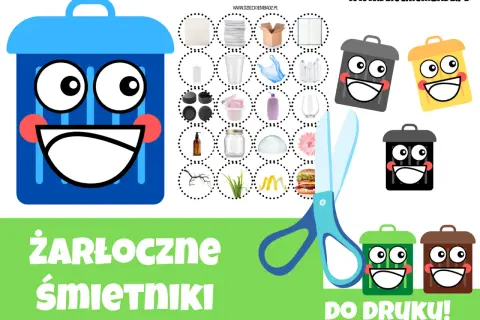 Uśmiechnięte kosze na śmieci i przedmioty do segregacji, nożyczki, tekst "DO DRUKU!".