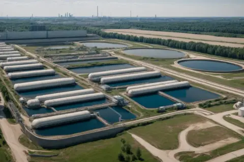 Oczyszczalnia ścieków z rzędami podłużnych zbiorników i okrągłymi basenami.