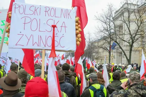 Rolnicy protestują przeciwko zielonemu ładowi, domagając się polskiego rolnika i polskiej żywności. Transparent z cebulami i flagi Polski.