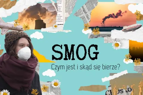 Kobieta w masce ochronnej na tle dymiących kominów fabrycznych i samolotu.