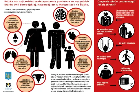 Smog co robic? Infografika pokazuje skutki zanieczyszczonego powietrza dla zdrowia i jak się chronić.
