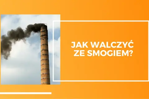 Ceglany komin fabryczny emituje gęsty, czarny dym na tle błękitnego nieba.