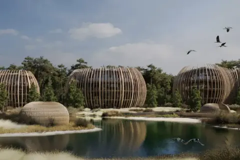 Architektoniczne budynki przypominające jaja, otoczone lasem, nad jeziorem, gdzie latają ptaki. To idealne miejsce, by poczuć się jak w rezerwacie przyrody ptasi raj.