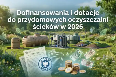 Jak uzyskać dofinansowanie do przydomowej oczyszczalni ścieków w 2026? Obraz przedstawia elementy oczyszczalni, dokumenty i pieniądze.