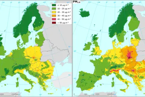 Mapy Europy pokazujące, gdzie występuje smog PM10 i PM2.5. Najwyższe stężenia w Polsce i na Bałkanach.