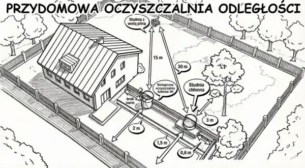 Ilustracja przedstawia dom z przydomową oczyszczalnią ścieków, studniami i odległościami.