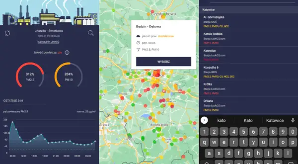 Aplikacja pokazuje, że w Chorzowie jakość powietrza jest zła, a w Będzinie wystarczająca. Czy dzisiaj jest smog? Sprawdź na mapie zanieczyszczeń.