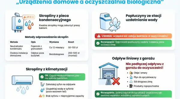 Jak działa przydomowa oczyszczalnia ścieków? Informacje o skroplinach z pieca, klimatyzacji, popłuczynach ze stacji uzdatniania wody i odpływie z garażu.