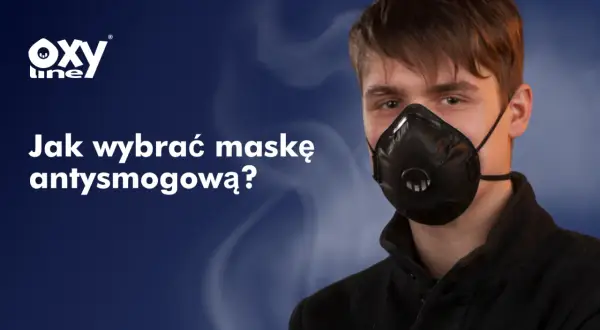 Młody mężczyzna w masce antysmogowej. Czy maska chroni przed smogiem? Logo Oxyline.
