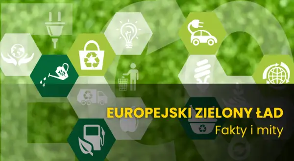 Grafika z ikonami symbolizującymi ekologię i hasłem "Europejski Zielony Ład".