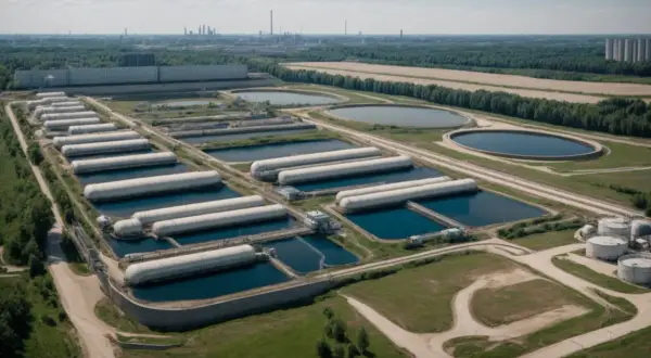 Oczyszczalnia ścieków z rzędami podłużnych zbiorników i okrągłymi basenami.