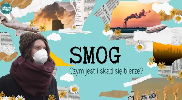 Kobieta w masce ochronnej na tle dymiących kominów fabrycznych i samolotu.