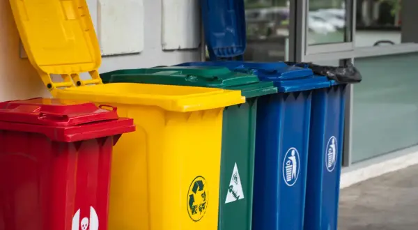 Kolorowe pojemniki na śmieci: czerwony, żółty, zielony i niebieski. Ile pojemników na śmieci na osobę?