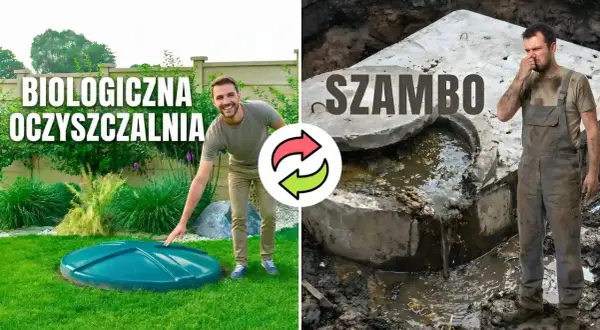 Przemiana szamba w ekologiczną oczyszczalnię. Po lewej nowoczesne rozwiązanie, po prawej problematyczne szambo.