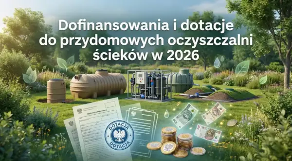 Jak uzyskać dofinansowanie do przydomowej oczyszczalni ścieków w 2026? Obraz przedstawia elementy oczyszczalni, dokumenty i pieniądze.