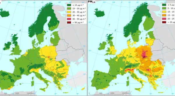 Mapy Europy pokazujące, gdzie występuje smog PM10 i PM2.5. Najwyższe stężenia w Polsce i na Bałkanach.