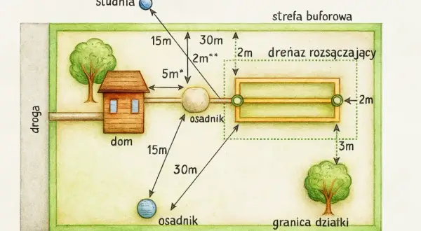 Schemat przydomowej oczyszczalni ścieków. Pokazuje odległości od domu, studni i granicy działki. Taka instalacja może służyć na wiele lat.