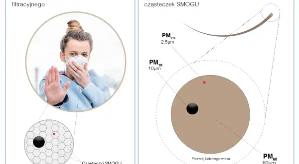 Kobieta w masce chroni się przed smogiem. Grafika pokazuje porównanie wielkości cząsteczek smogu z przekrojem włosa.