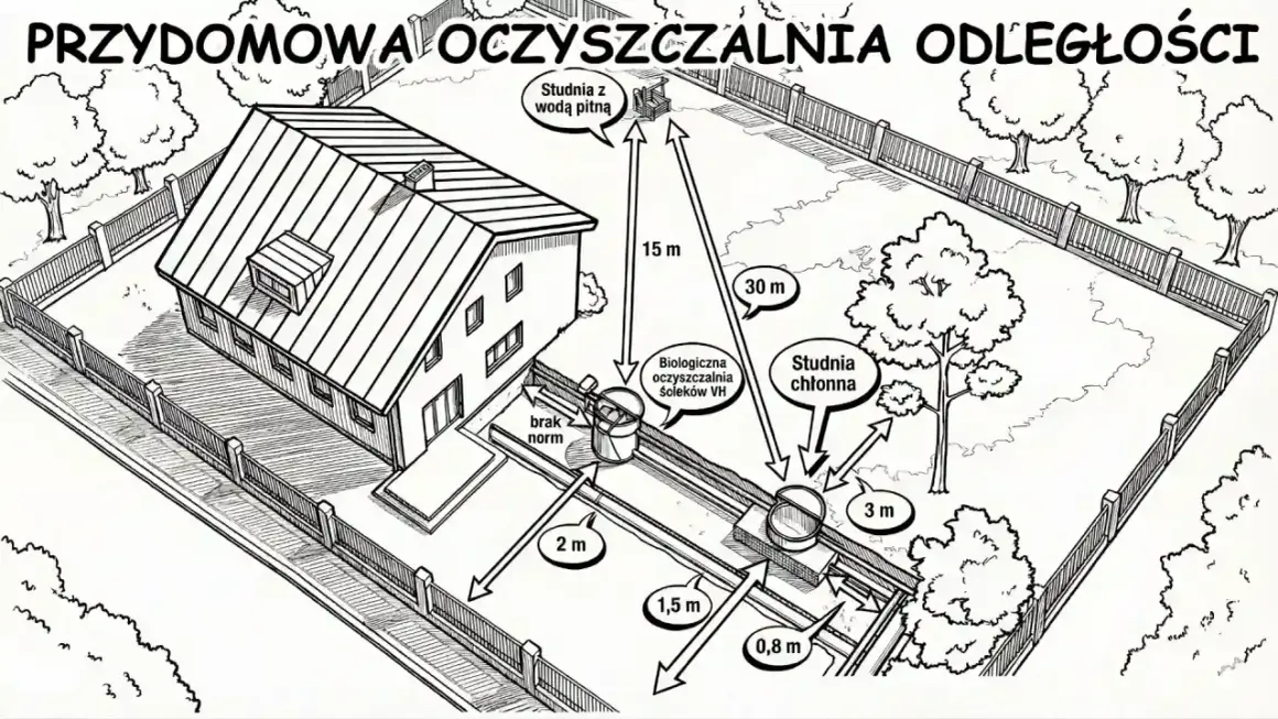 Ilustracja przedstawia dom z przydomową oczyszczalnią ścieków, studniami i odległościami.