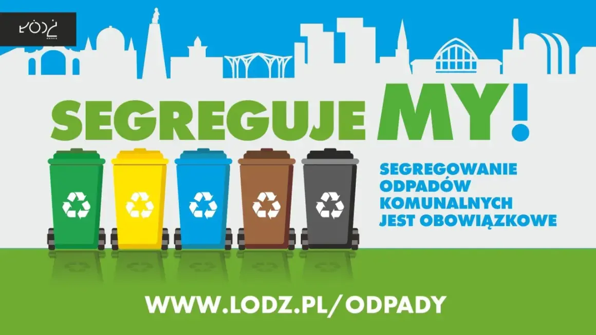 Pięć kolorowych koszy na śmieci i hasło "Segreguje MY!". Dowiedz się, jak sprawdzić opłaty za śmieci Łódź na www.lodz.pl/odpady.