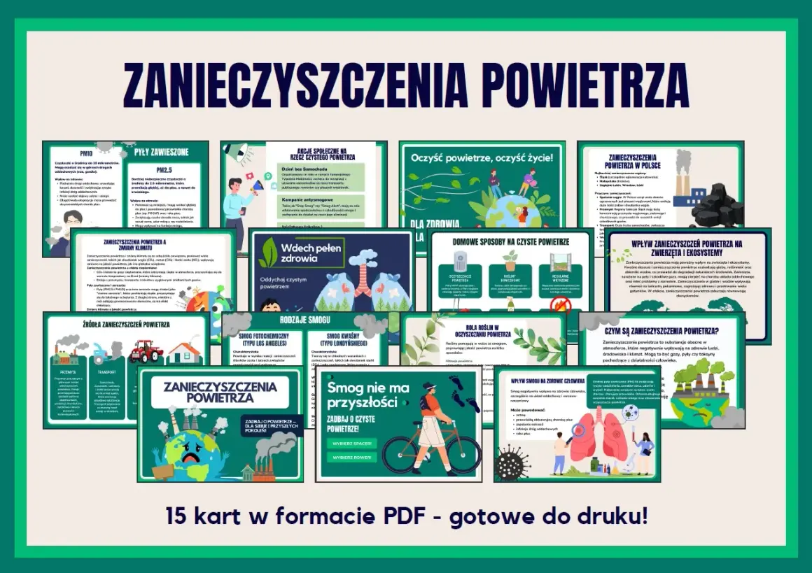 Zanieczyszczenie powietrza: jak zmniejszyć zanieczyszczenie środowiska. 15 kart PDF o jakości powietrza, jego źródłach i wpływie na zdrowie.