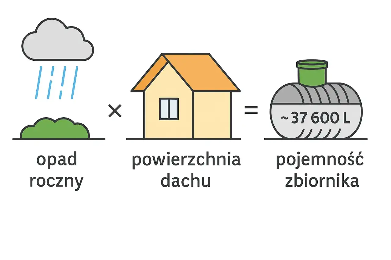 Obliczenie jaka pojemność przydomowej oczyszczalni ścieków jest potrzebna: opad roczny x powierzchnia dachu = pojemność zbiornika (~37 600 L).