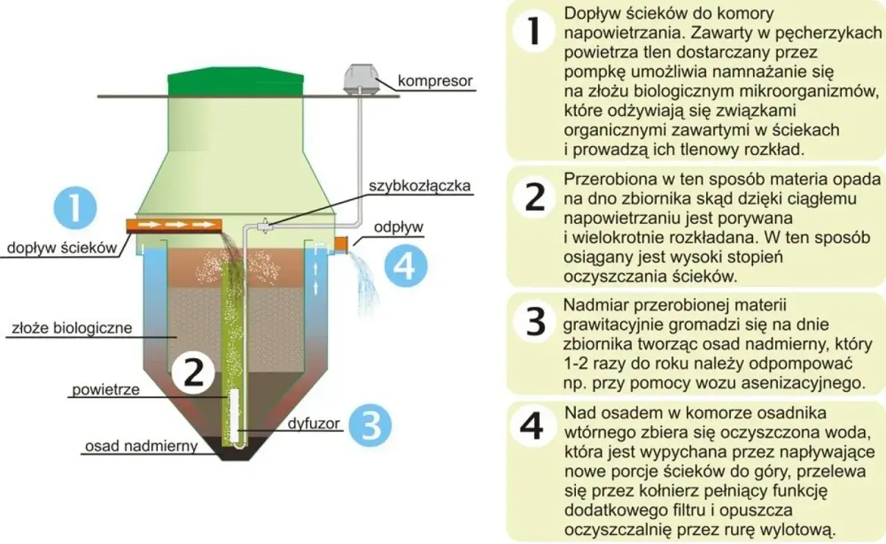Schemat wyjaśnia jak działa oczyszczalnia ściek&oacute;w: dopływ, złoże biologiczne, osad nadmierny i odpływ oczyszczonej wody.