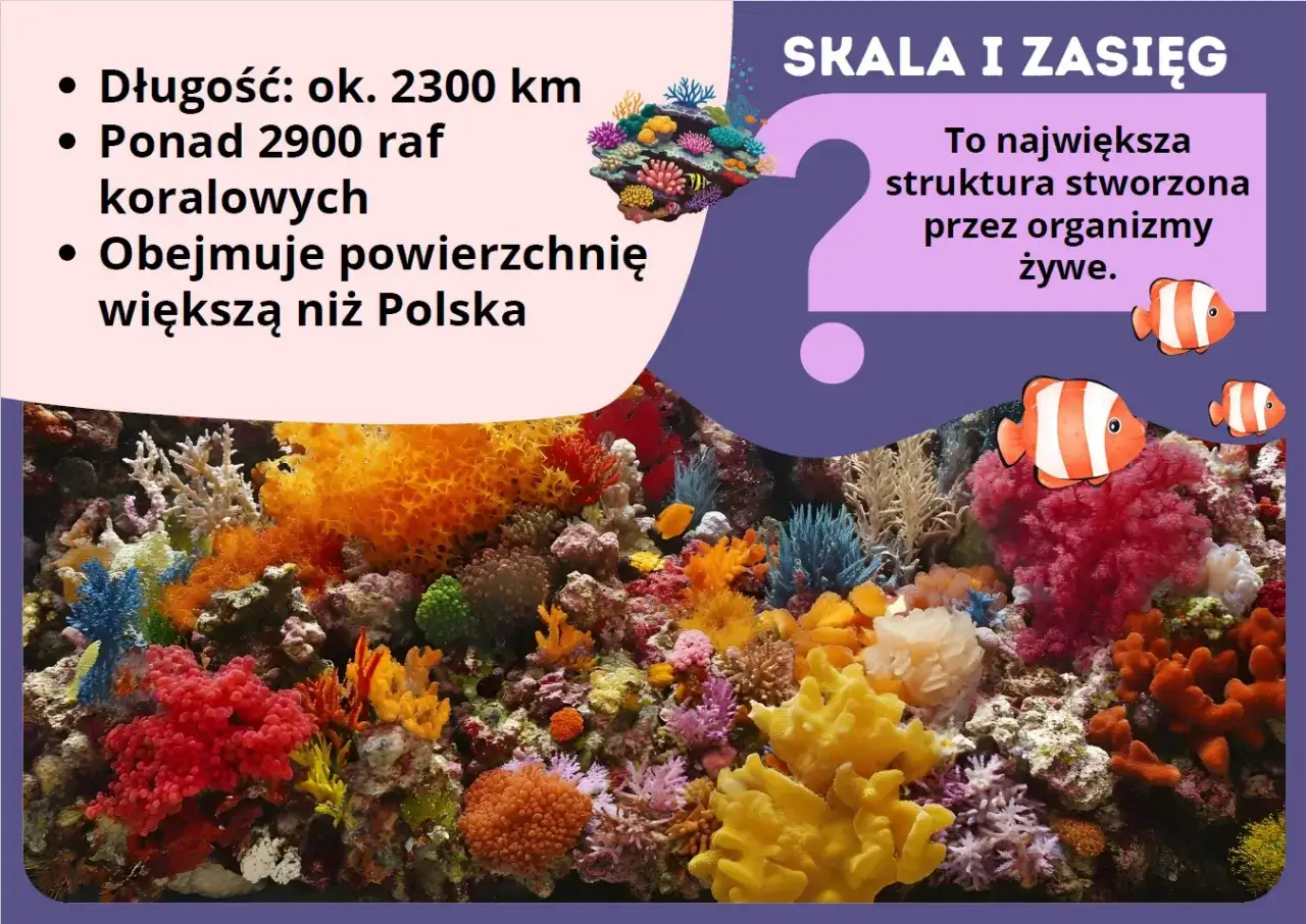 Kolorowe rafy koralowe, największa struktura stworzona przez organizmy żywe, zagrożone wyginięciem. Długość 2300 km, ponad 2900 raf, obszar większy niż Polska.