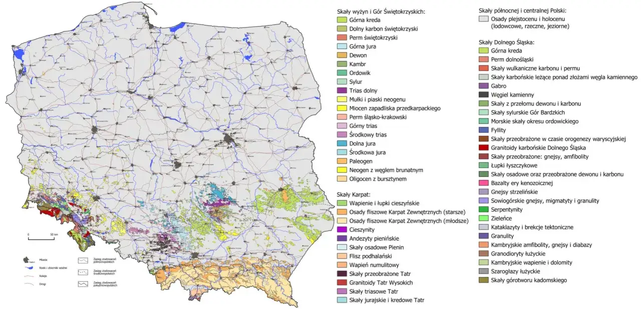 Mapa geologiczna Polski z legendą, ukazująca rozmieszczenie skał, w tym rezerwat przyrody nieożywionej.