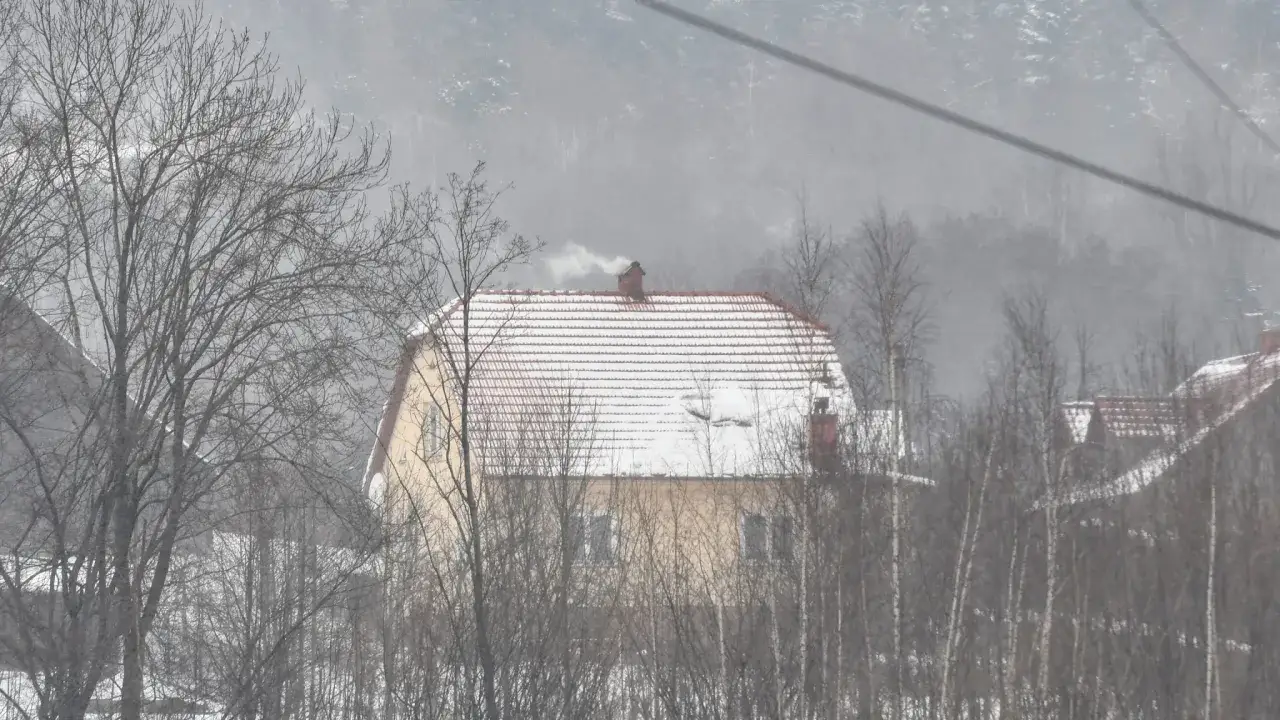 Dym z komina domu na tle ośnieżonego lasu. Widać, co to jest smog, gdy zimą ogrzewamy domy.