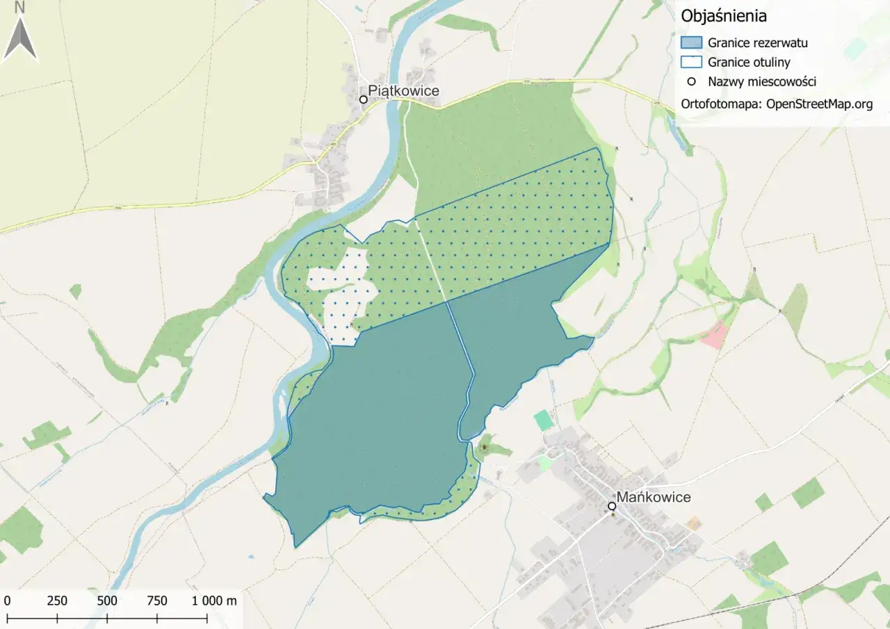 Mapa przedstawiająca granice rezerwatu przyrody i otuliny w okolicach Piątkowic i Mańkowic. Opolskie rezerwaty przyrody chronią cenne ekosystemy.