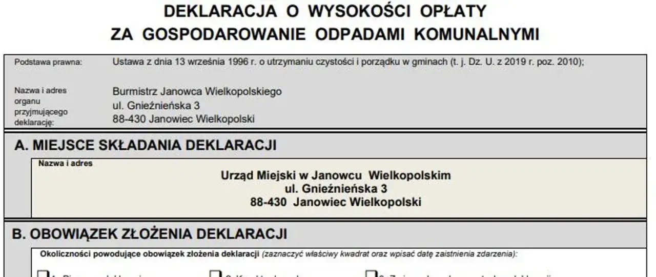 Deklaracja opłaty za gospodarowanie odpadami komunalnymi w gminie Janowiec Wielkopolski. Określa ile za śmieci zapłacisz.