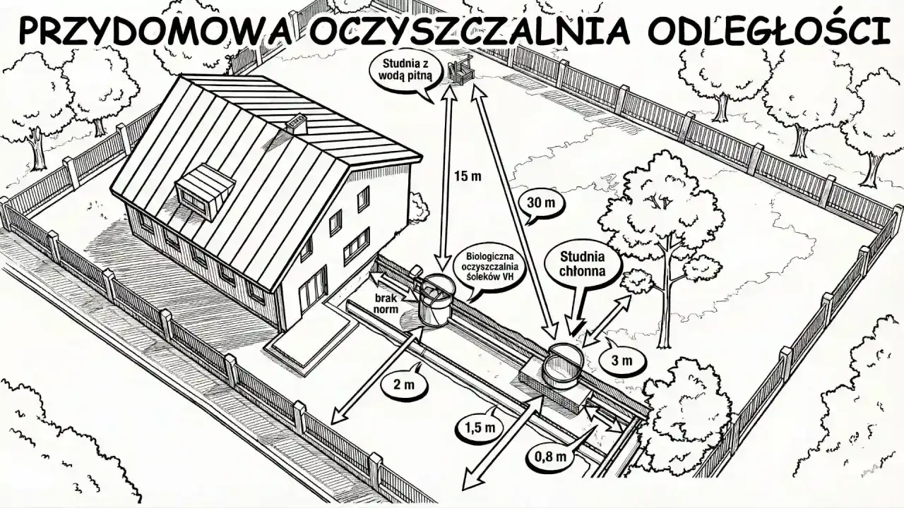 Schemat przydomowa oczyszczalnia ścieków na ile lat. Pokazuje dom, studnie, drzewa i odległości między elementami systemu.