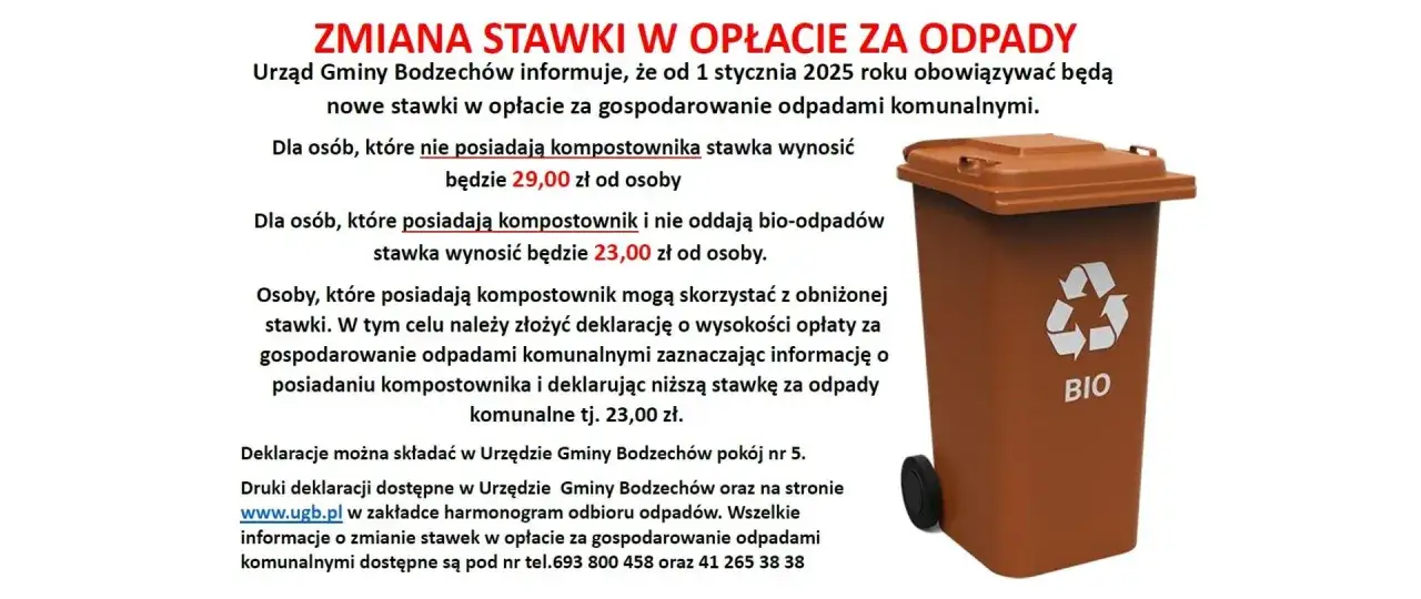 Zmiana stawki za śmieci w gminie. Brązowy kosz na odpady BIO z symbolem recyklingu. Informacja o opłatach.