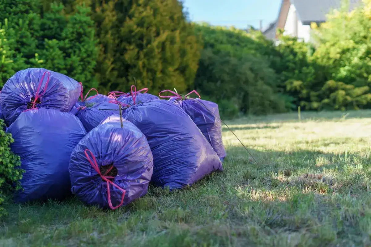Kupa fioletowych work&oacute;w na trawie, gotowych do wywozu śmieci.