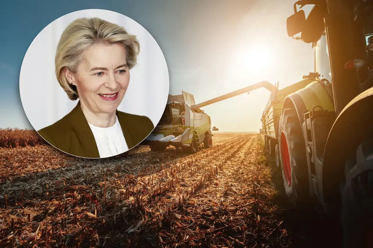 Ursula von der Leyen, kt&oacute;ra zatwierdziła Zielony Ład, na tle kombajnu żniwnego na polu kukurydzy.