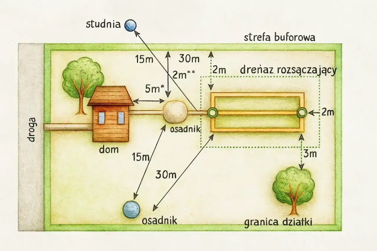 Schemat przydomowej oczyszczalni ścieków: dom, osadnik, drenaż rozsączający, studnia. Wymiary pokazują, ile kosztuje przydomowa oczyszczalnia ścieków i jej usytuowanie.