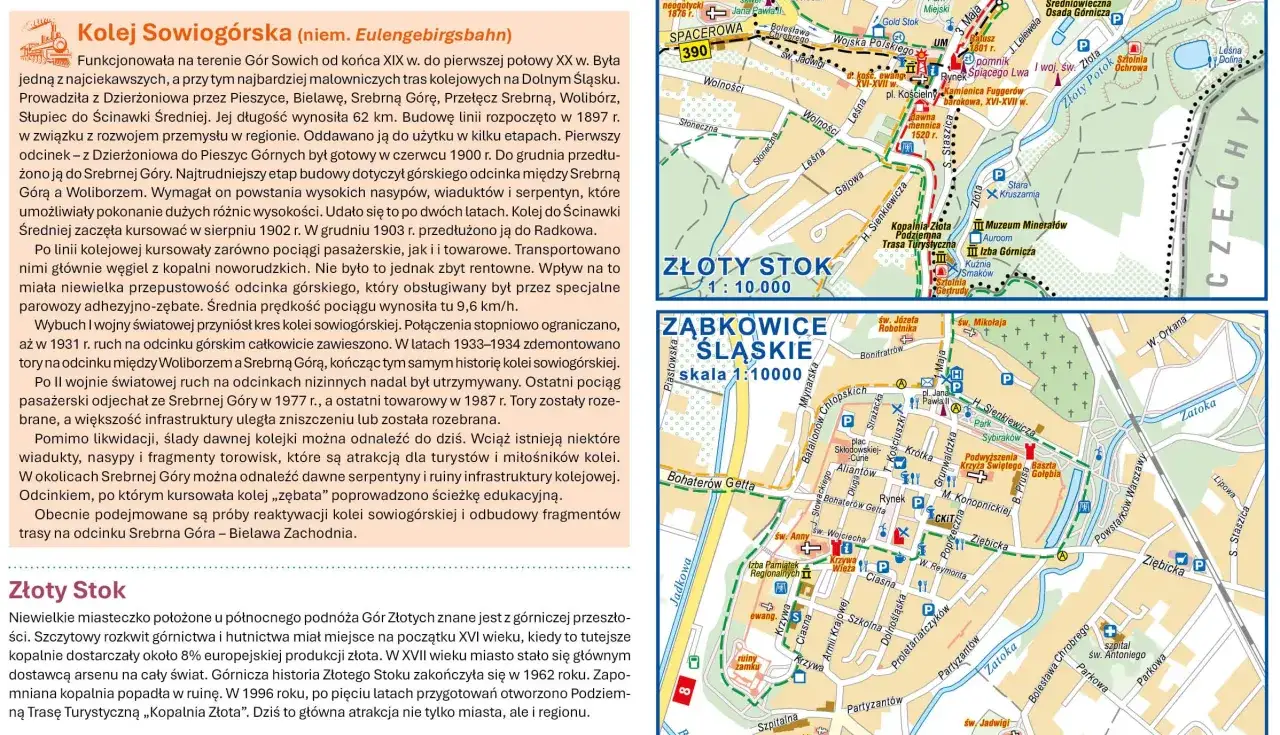 Mapa turystyczna Gór Sowich z zaznaczonymi atrakcjami, w tym rezerwat przyrody cisowa, Złoty Stok i Ząbkowice Śląskie.