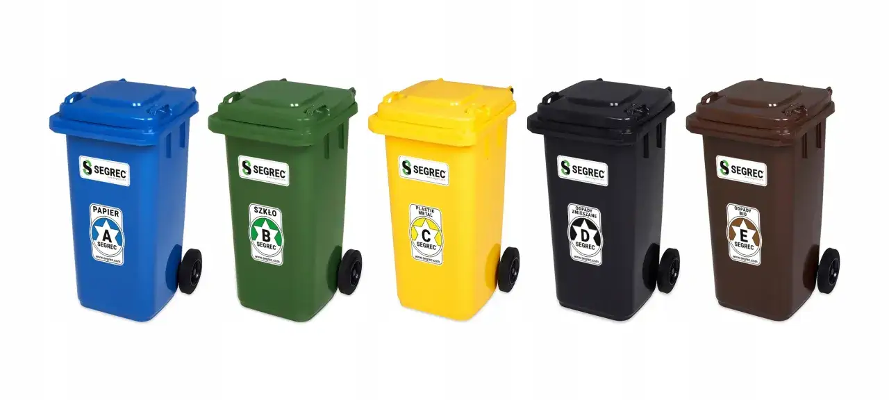 Pięć kolorowych koszy na śmieci: niebieski na papier, zielony na szkło, żółty na plastik i metal, czarny na odpady zmieszane, brązowy na odpady bio.