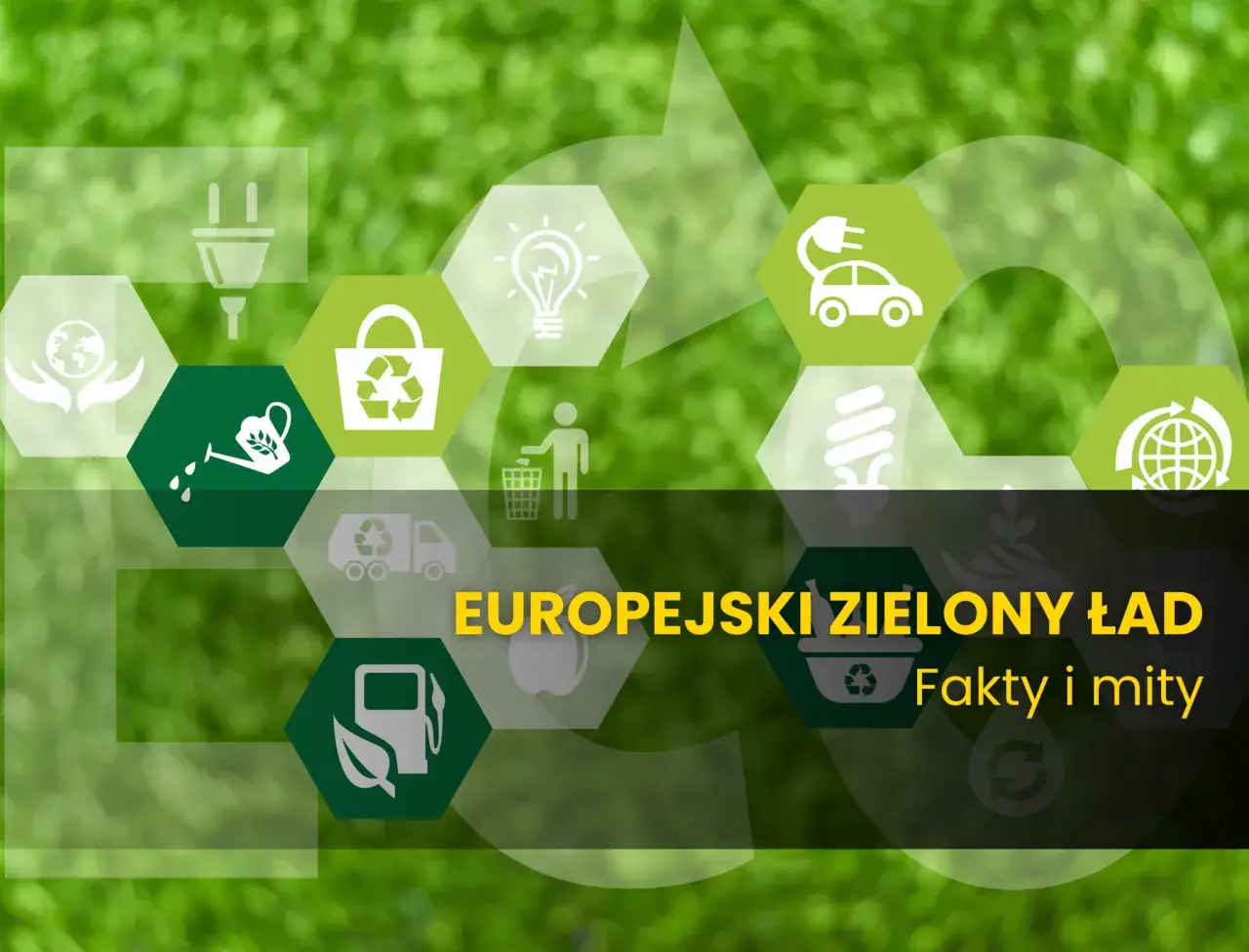 Grafika przedstawia symbole związane z ekologią i zr&oacute;wnoważonym rozwojem, ilustrując, czego dotyczy zielony ład: elektryczne samochody, recykling, czystą energię.