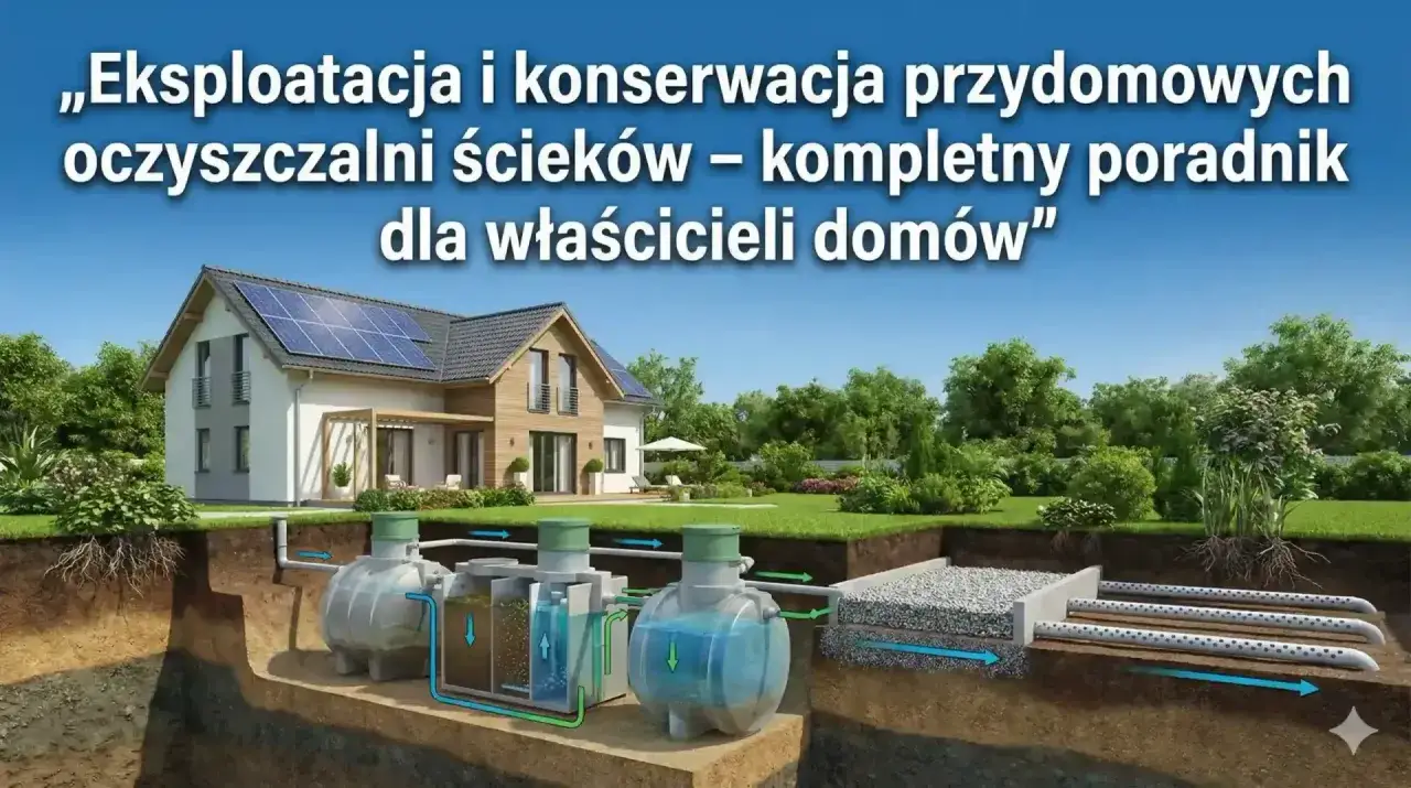 Ilustracja pokazuje przydomową oczyszczalnię ścieków. Dowiedz się, jak często trzeba opróżniać przydomową oczyszczalnię ścieków, przepisy.